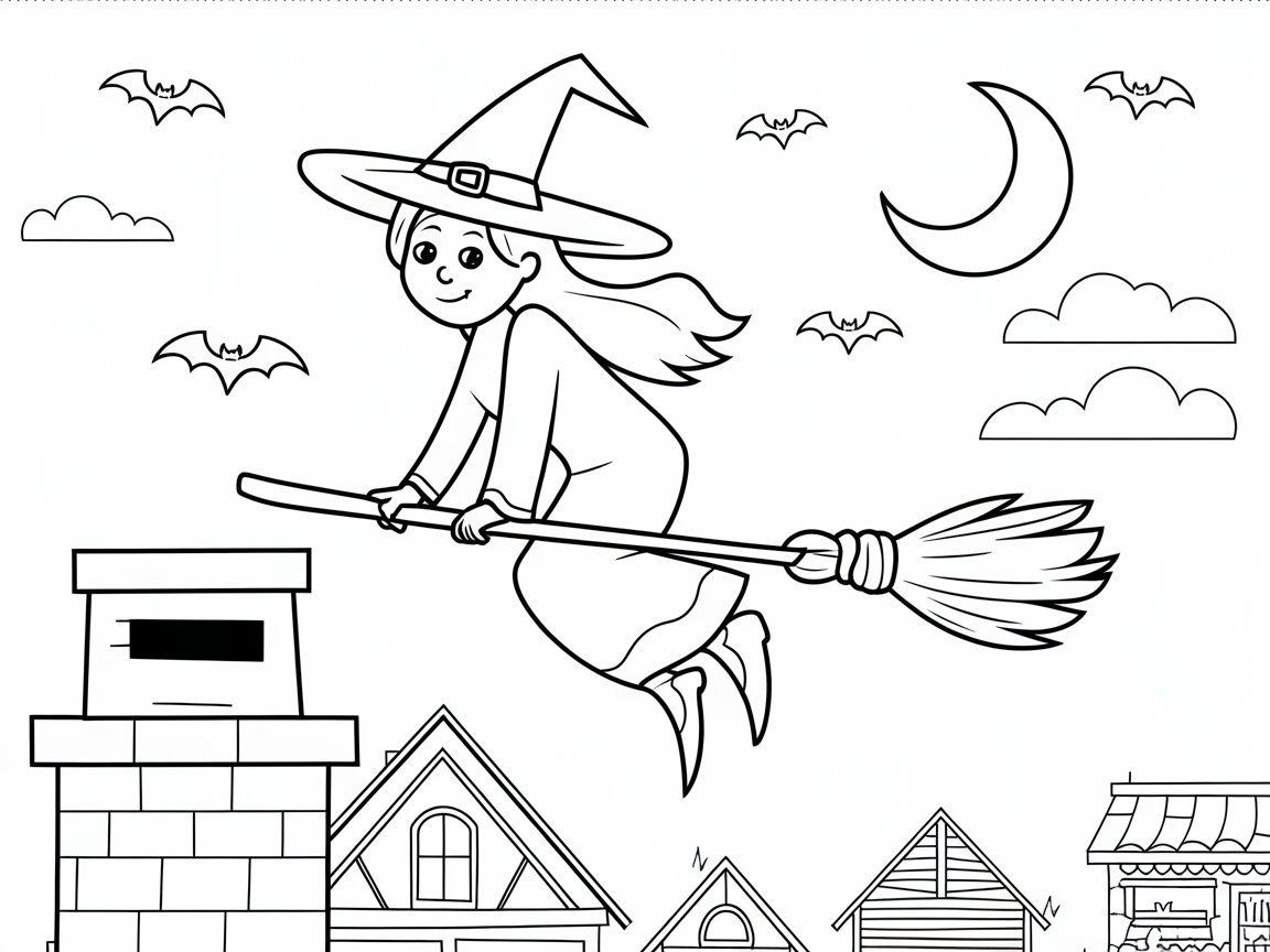 Enchanting Witch on a Broomstick Coloring Page