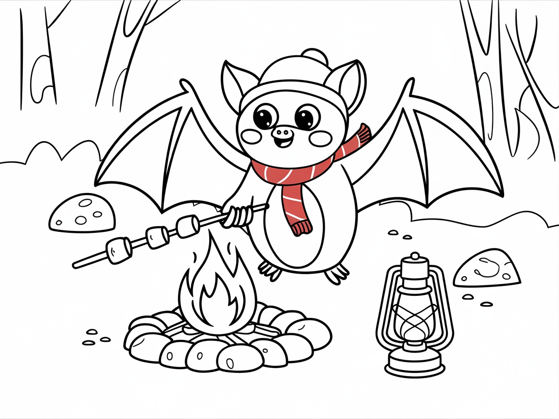 Happy Bat Enjoying a Campfire Snack