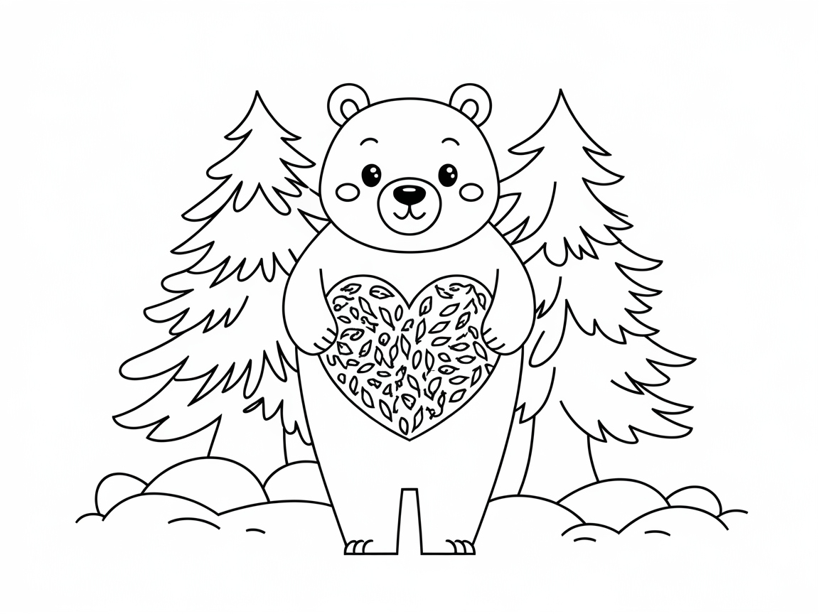 Charming Bear with Heart in the Forest