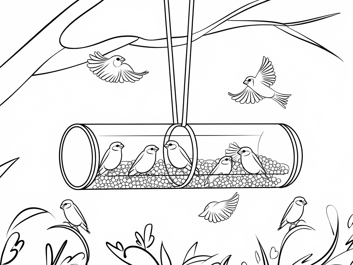 Delightful Bird Feeder Scene to Color