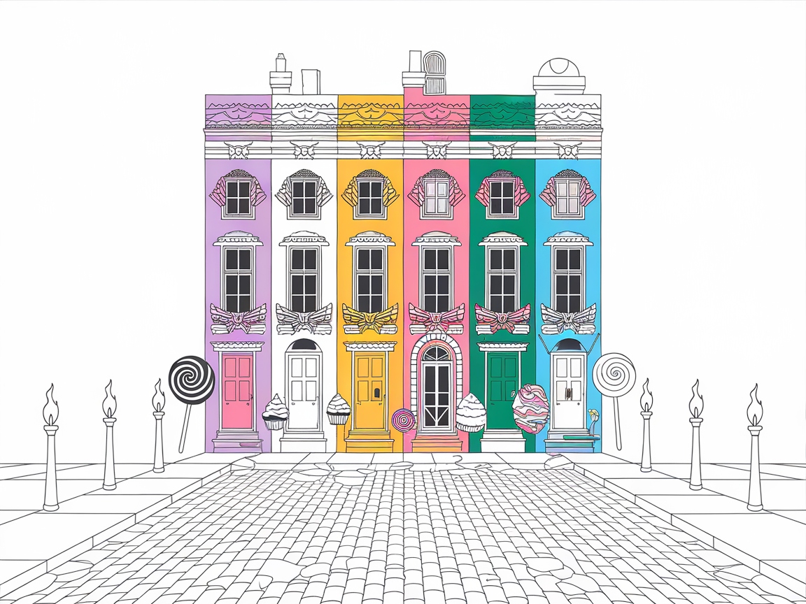 Candy-Colored Townhouses Coloring Page