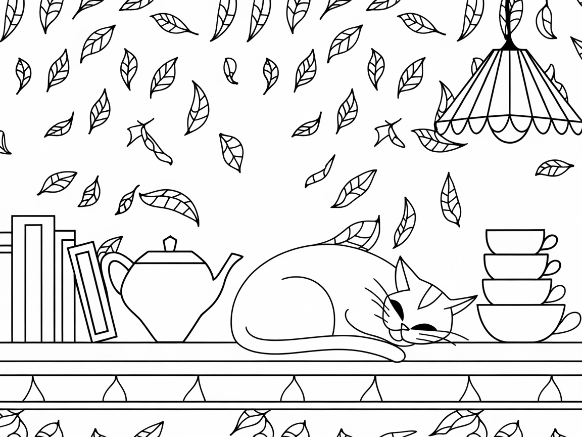 Tea Time Snooze with a Cat Amid Falling Leaves