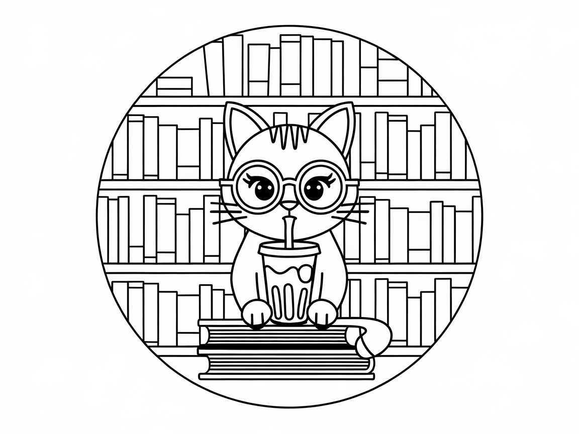 Bookworm Cat Sipping Boba Bliss