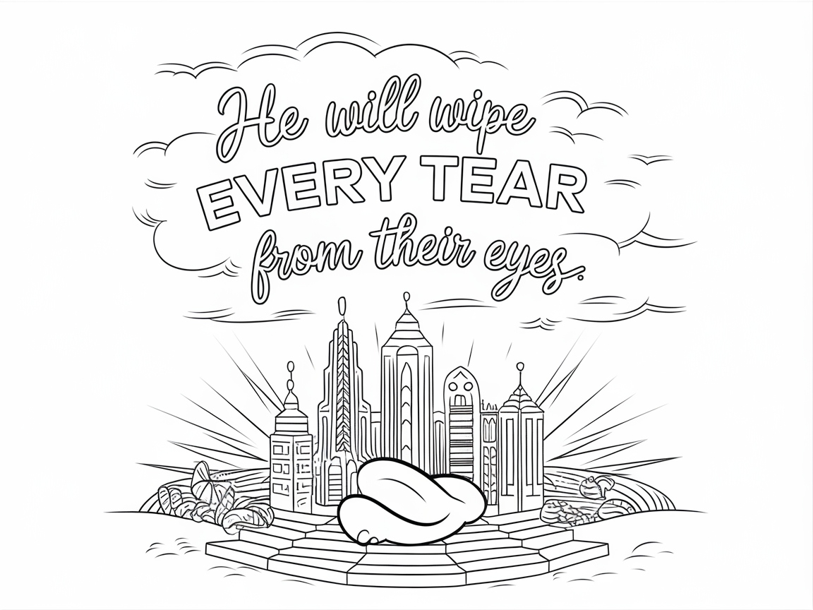 Heavenly Comfort: A Reassuring Cityscape Coloring Page