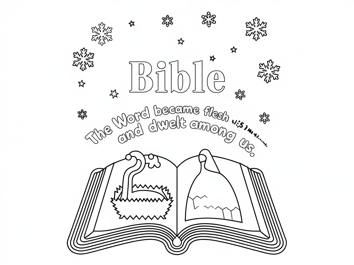 Open Bible with Nativity Imagery Coloring Page