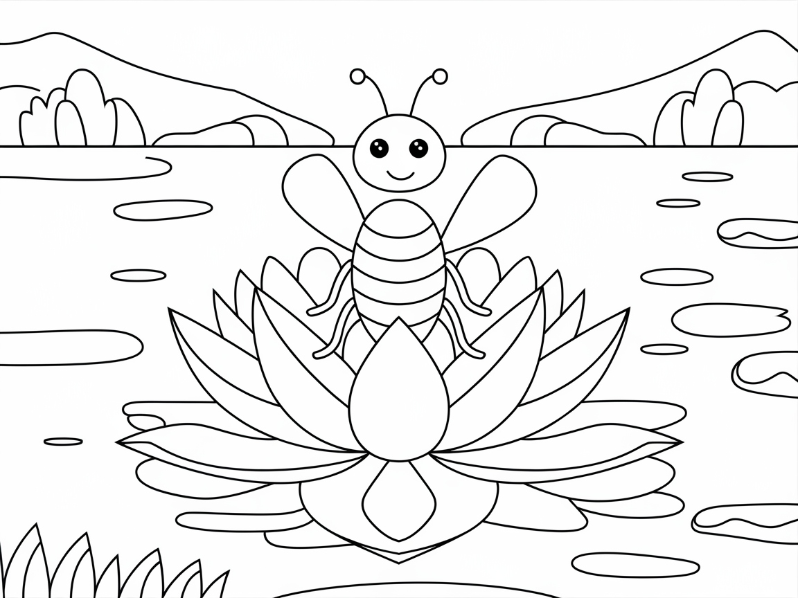 Cheerful Bee on a Tranquil Lotus Pond