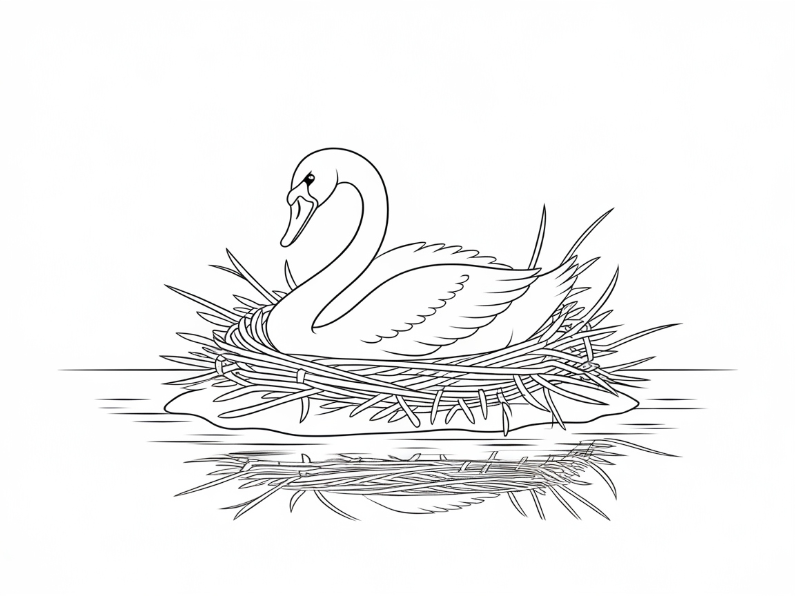 Serene Swan Nesting by a Reflective Pond