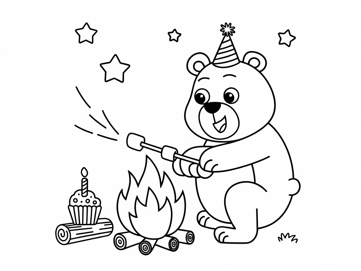 Cozy Campfire Bear Celebrates with Marshmallows and Cupcake