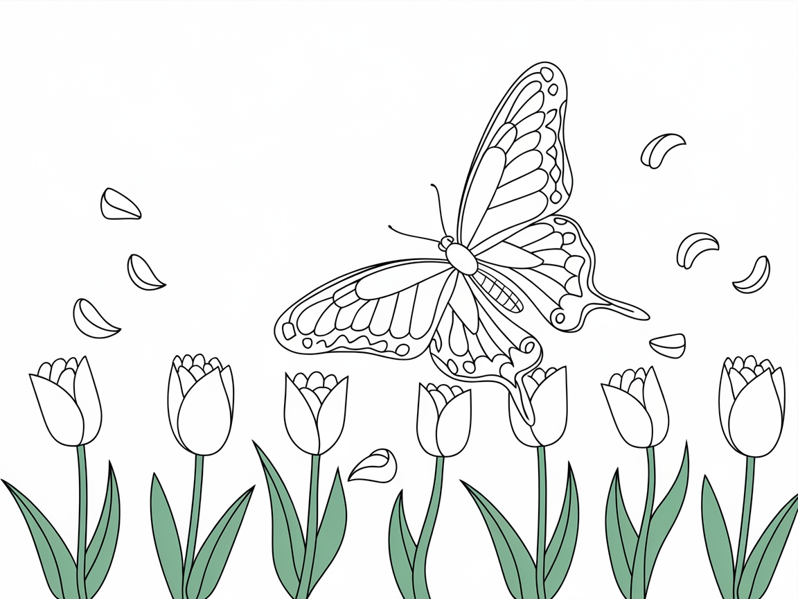 Butterfly Floating Above Blooming Tulips