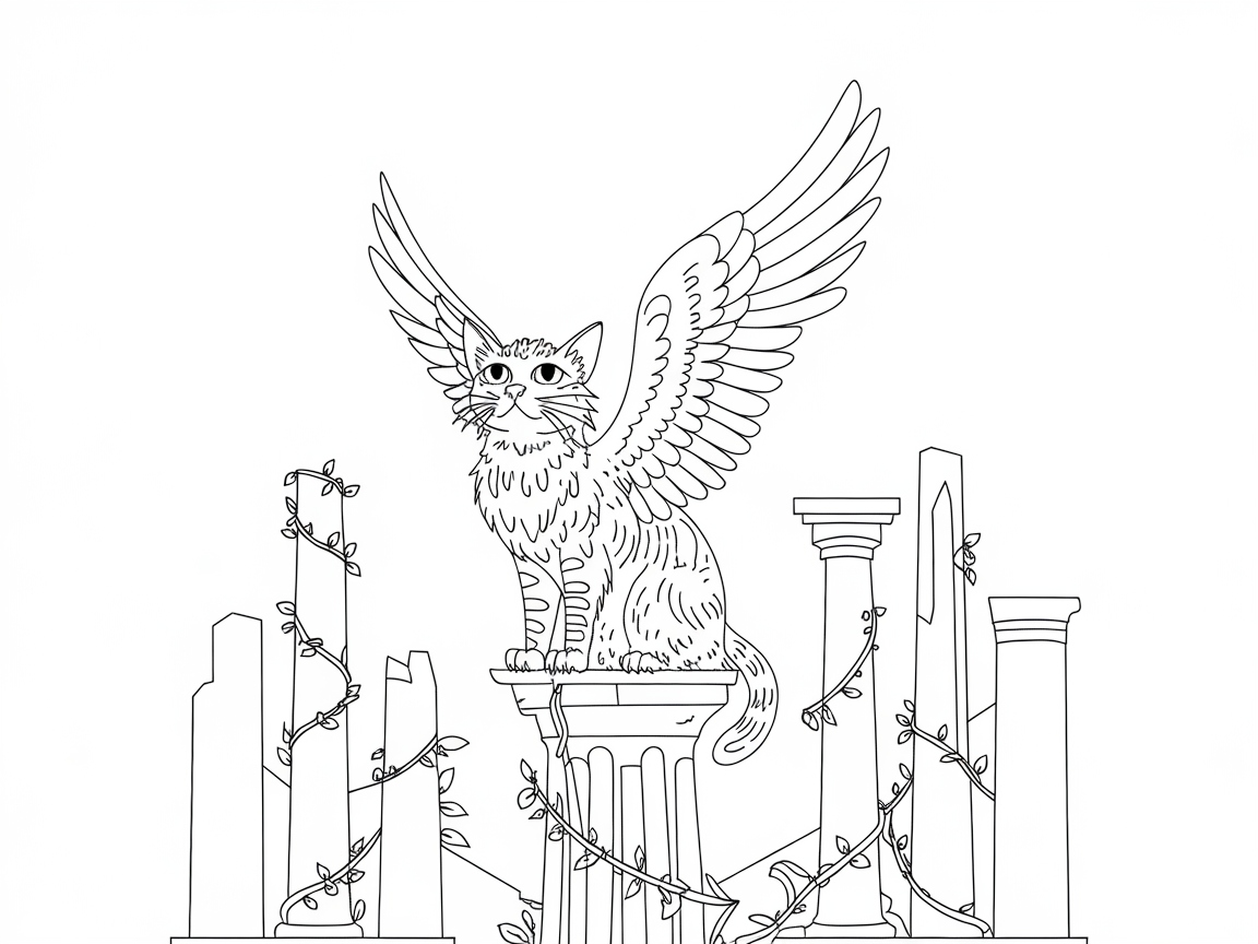 Regal Winged Cat Amidst Ancient Ruins