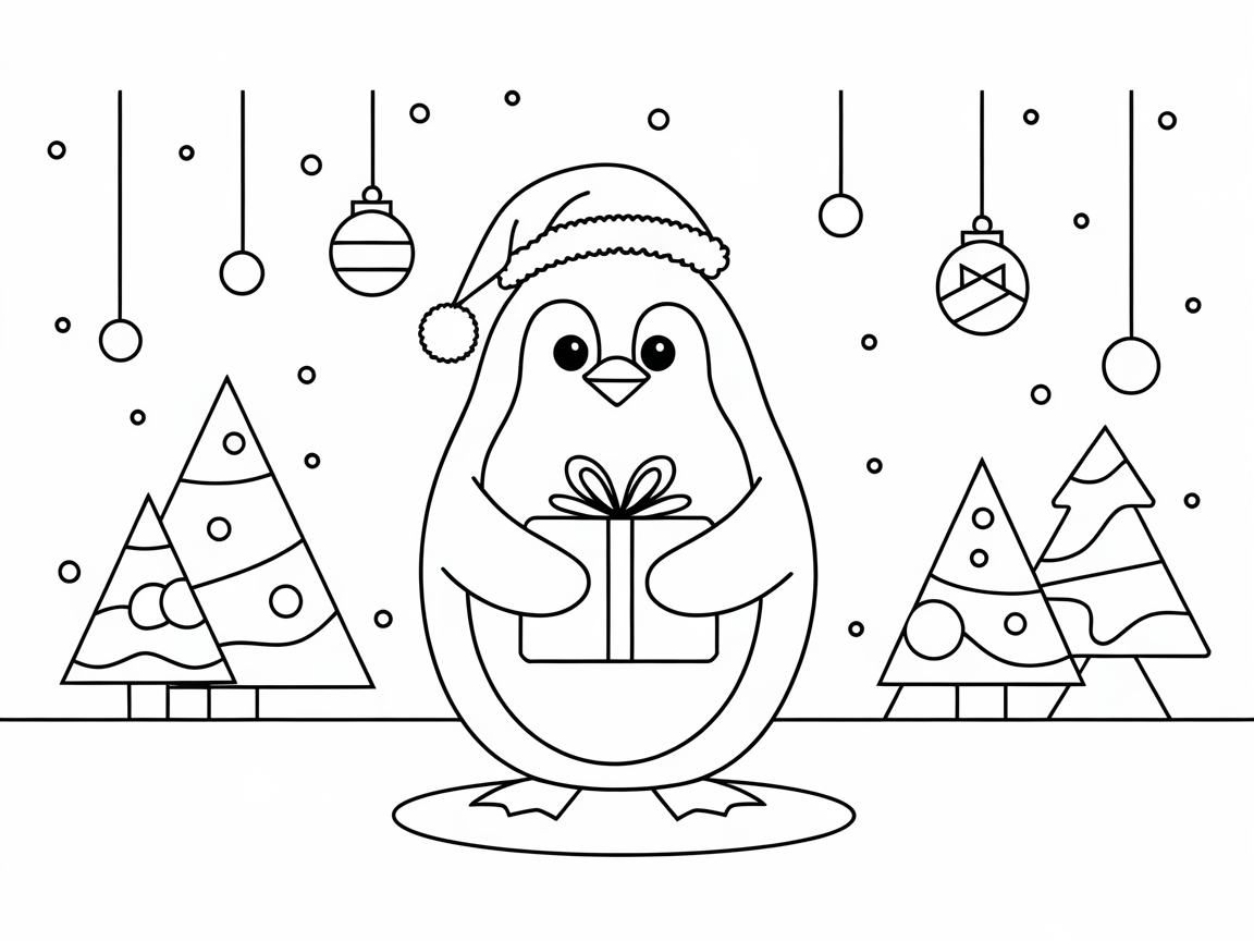 Playful Penguin and Christmas Gift Coloring Fun