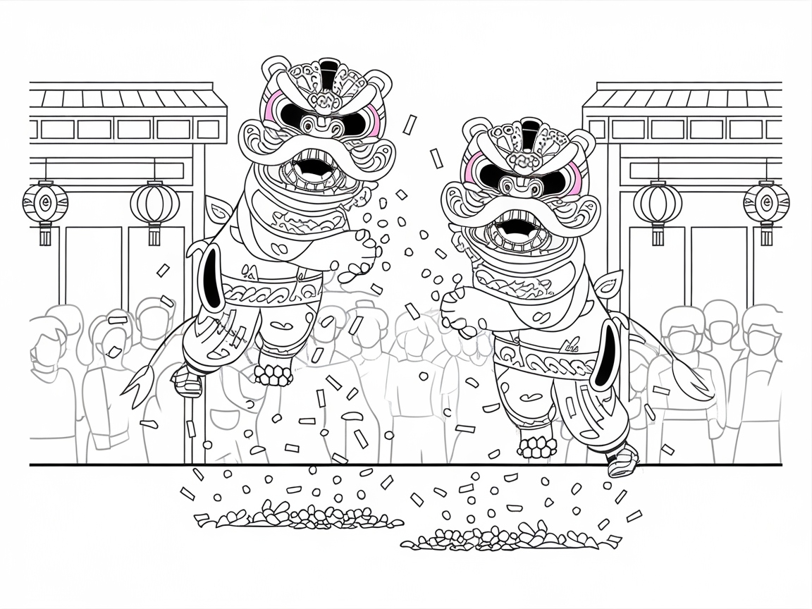 Dive Into a Vibrant Lion Dance Coloring Scene