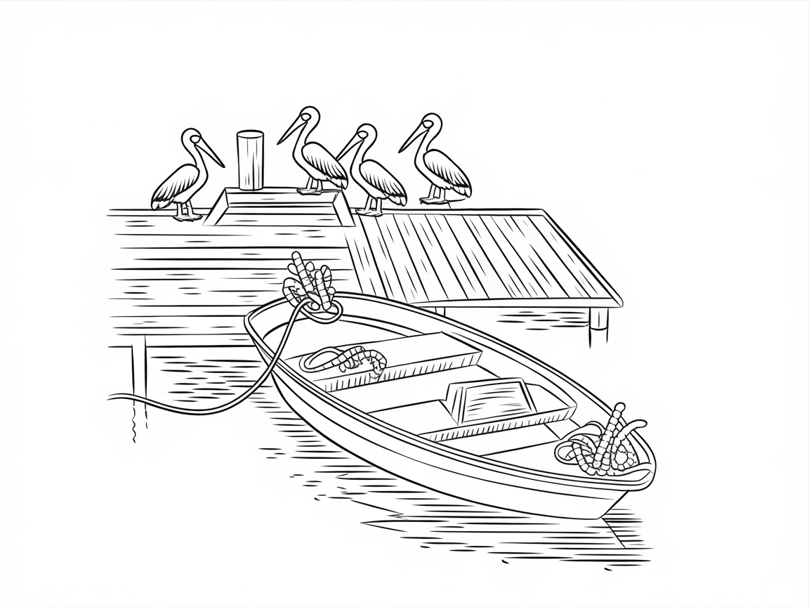Dockside Pelican Gathering With a Calm Bass Boat