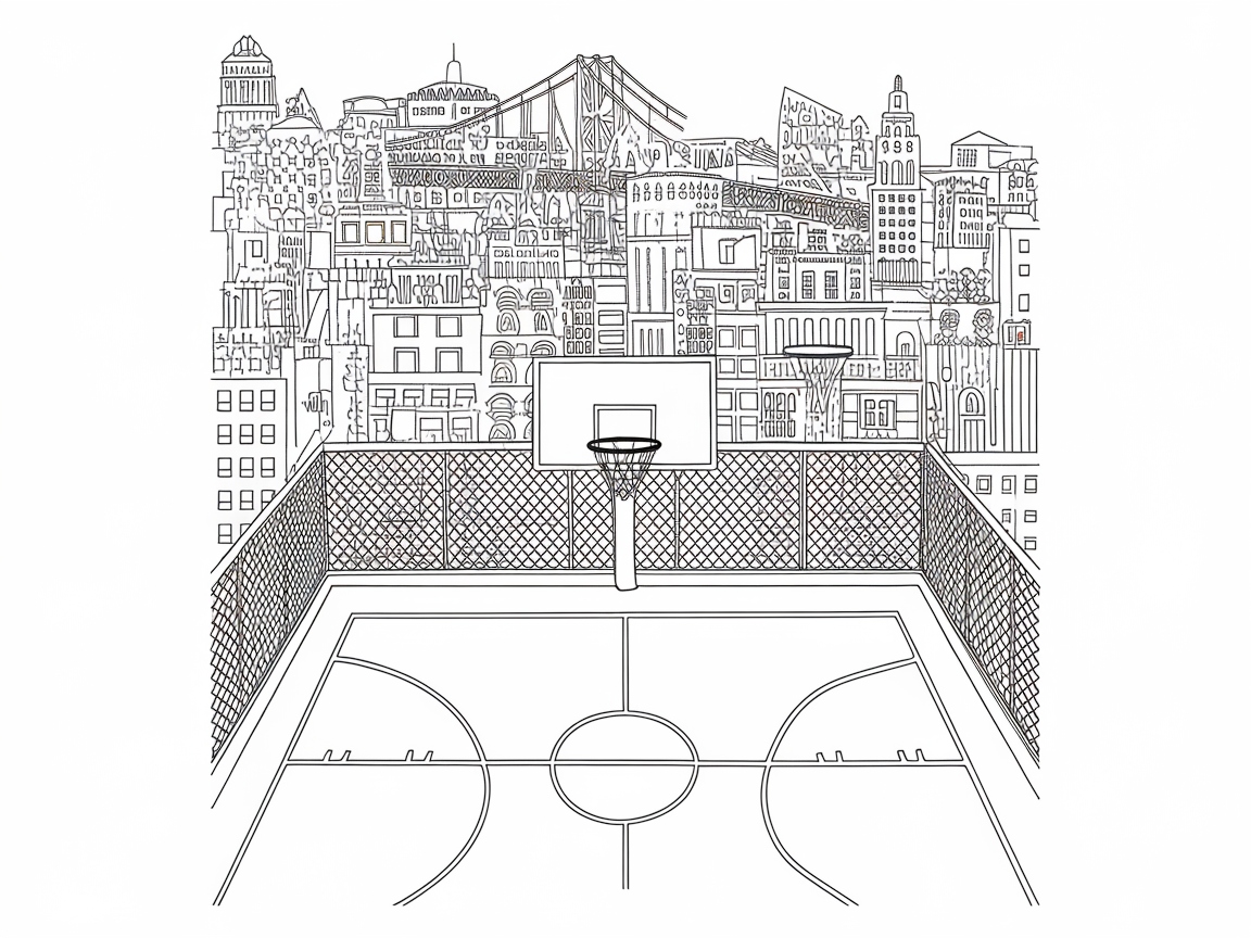 Explore the Cityscape with This Urban Court Coloring Page