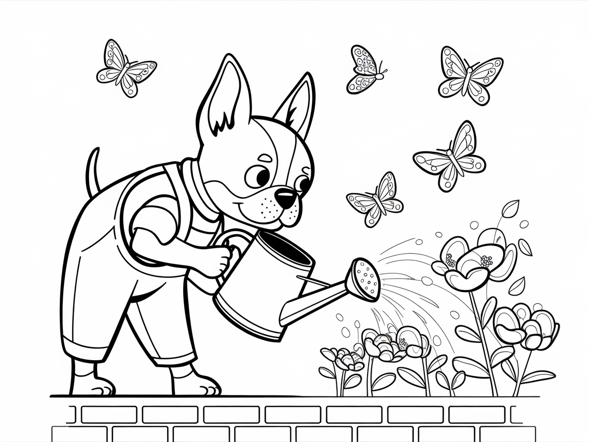Gardening Fun with Boston Terrier in Overalls