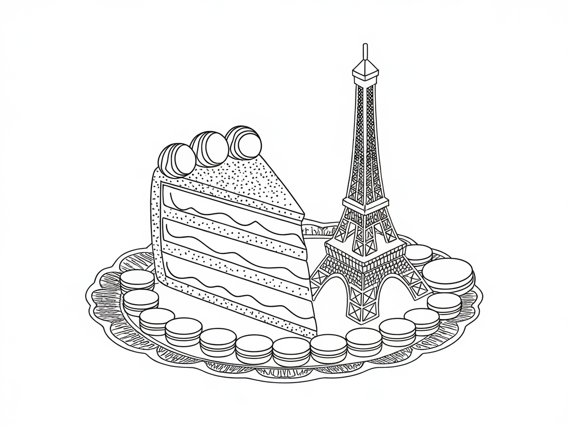 Indulge in a Parisian Delight with This Eiffel Tower Cake Coloring Page