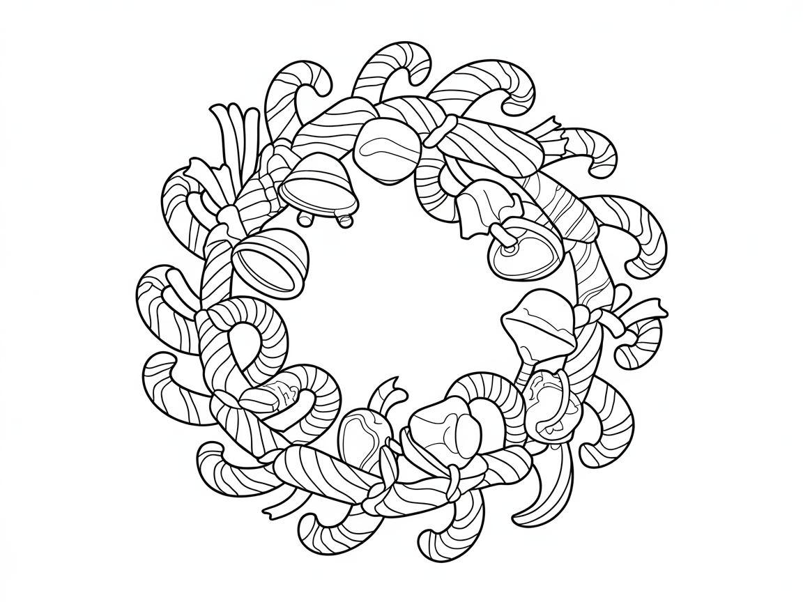 Festive Candy Cane Wreath Coloring Page