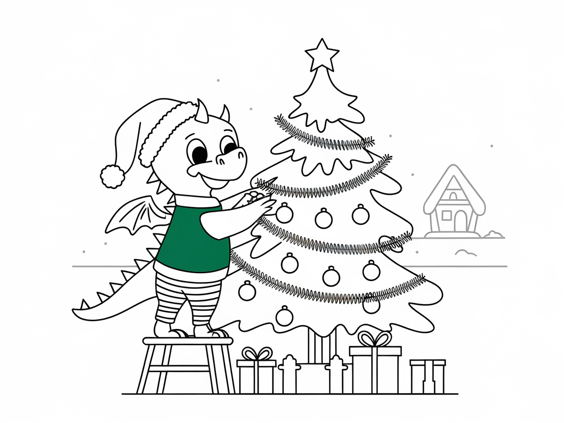 Festive Dragon Decorating a Christmas Tree