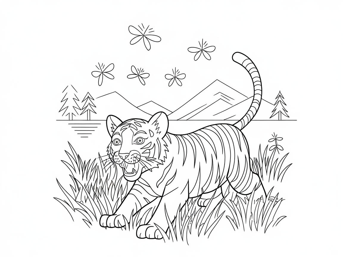 Playful Tiger Cub in a Meadow Under Dragonflies