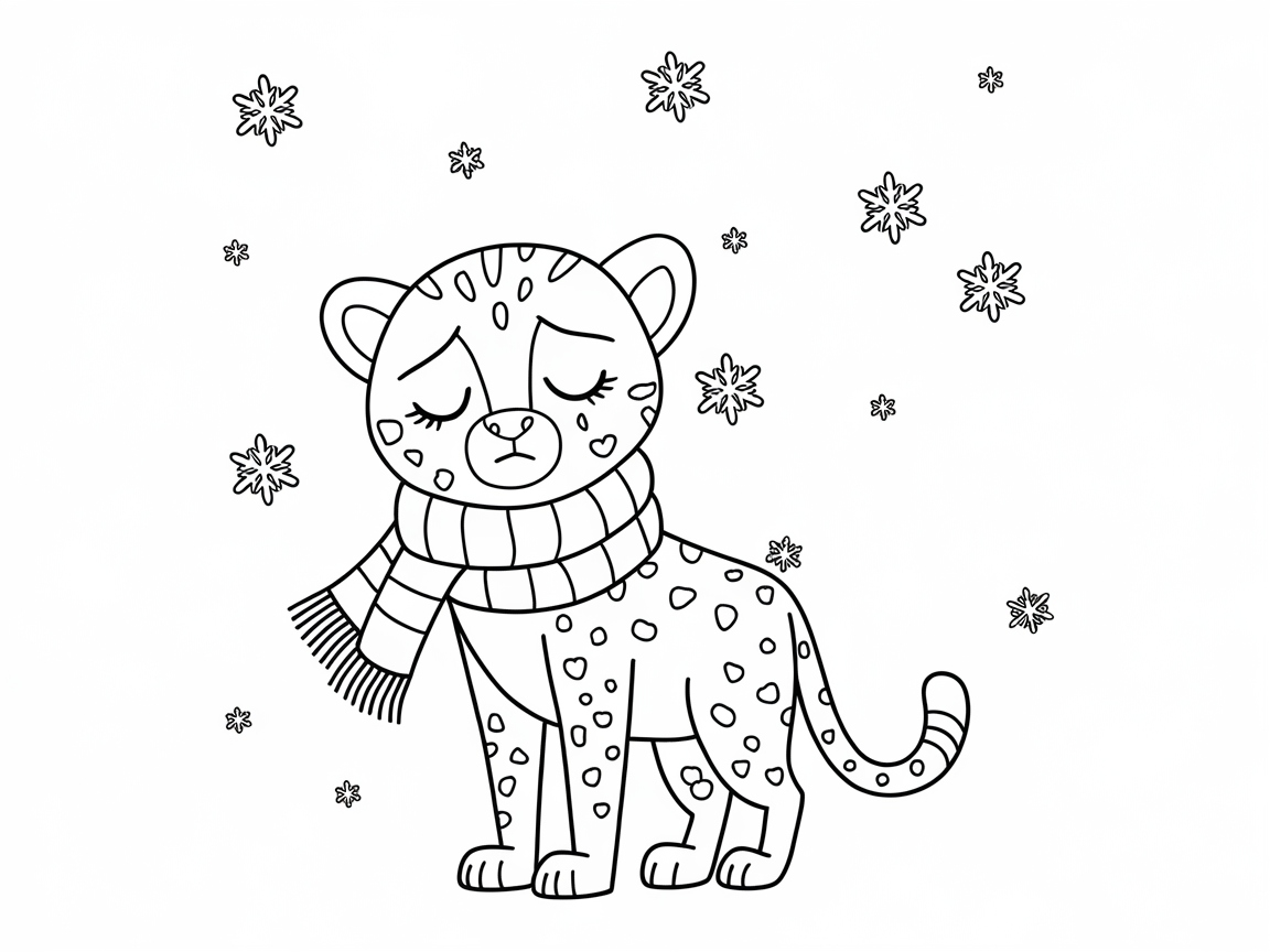 Cozy Winter Cheetah with Falling Snowflakes