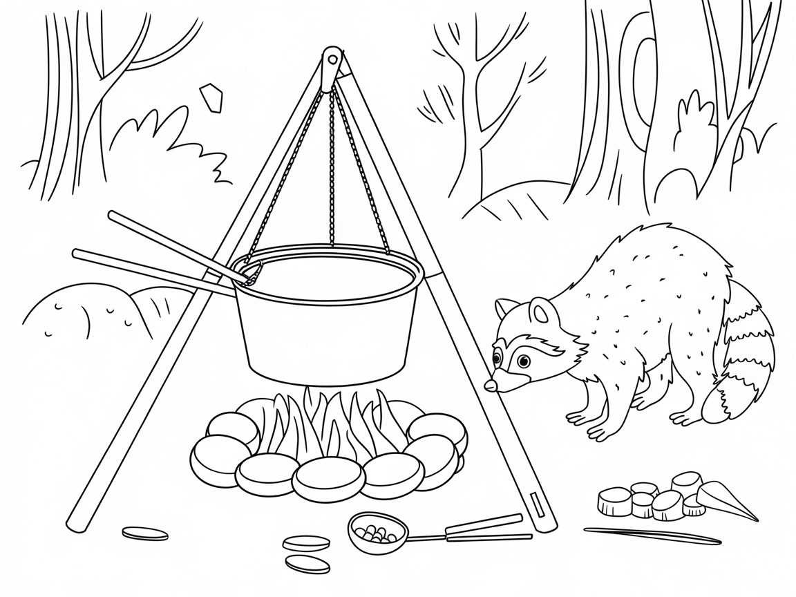 Whimsical Raccoon Campfire Scene