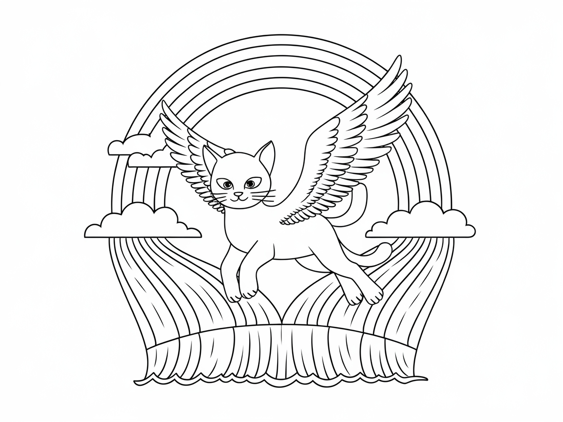 Winged Cat Soaring Through Rainbow Dreams