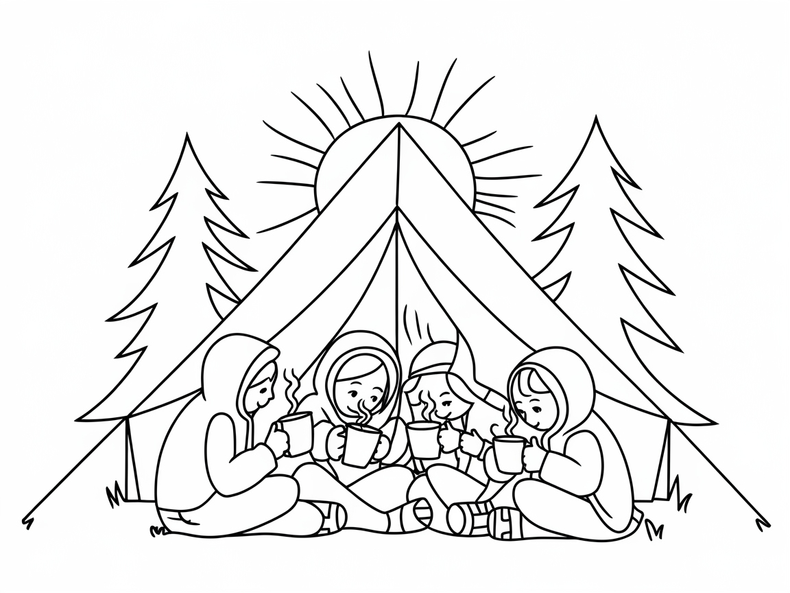 Cozy Morning Campout: Kids Enjoying a Warm Drink