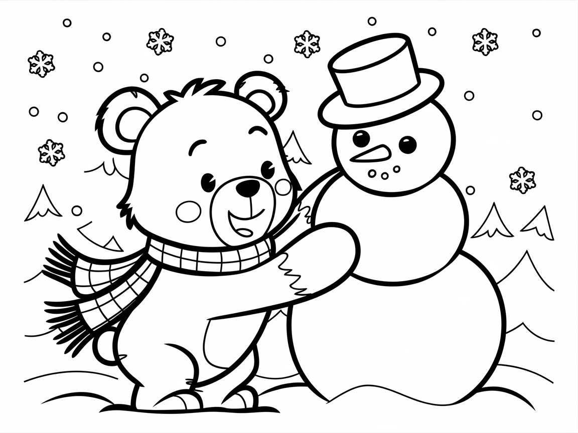Wintry Fun: Bear Building a Snowman