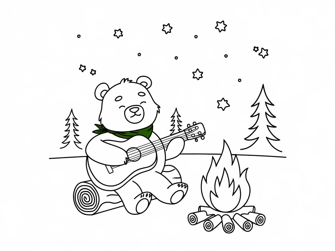 Serene Campfire Scene with a Musical Bear