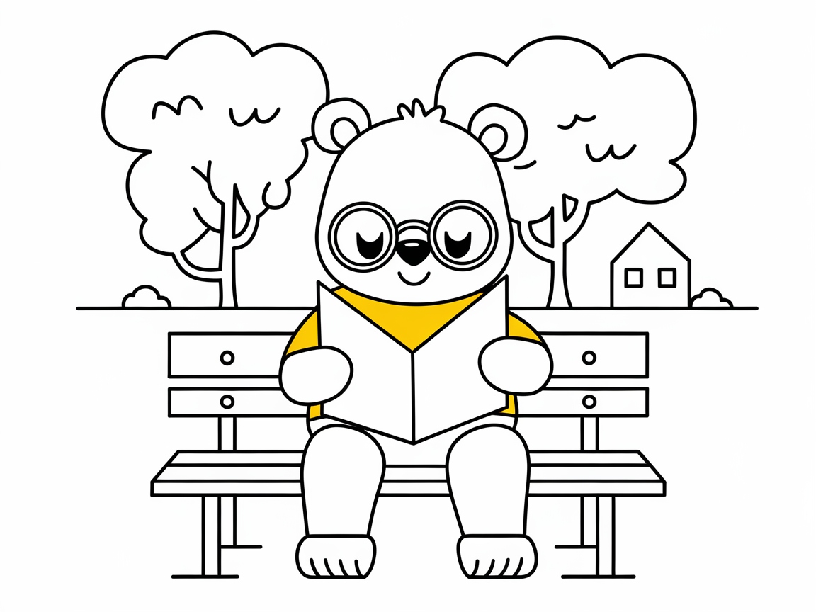 Charming Bear Enjoying a Book on a Bench