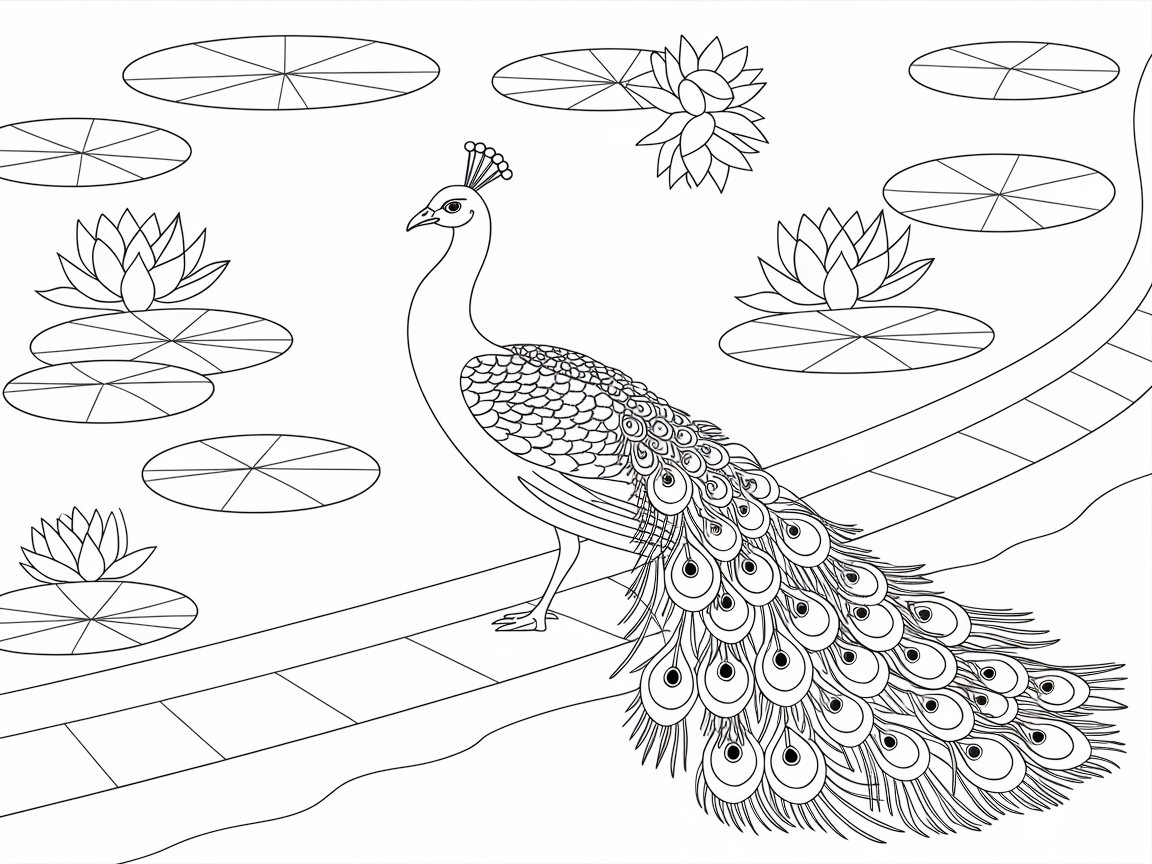 Elegant Peacock Amongst Water Lilies