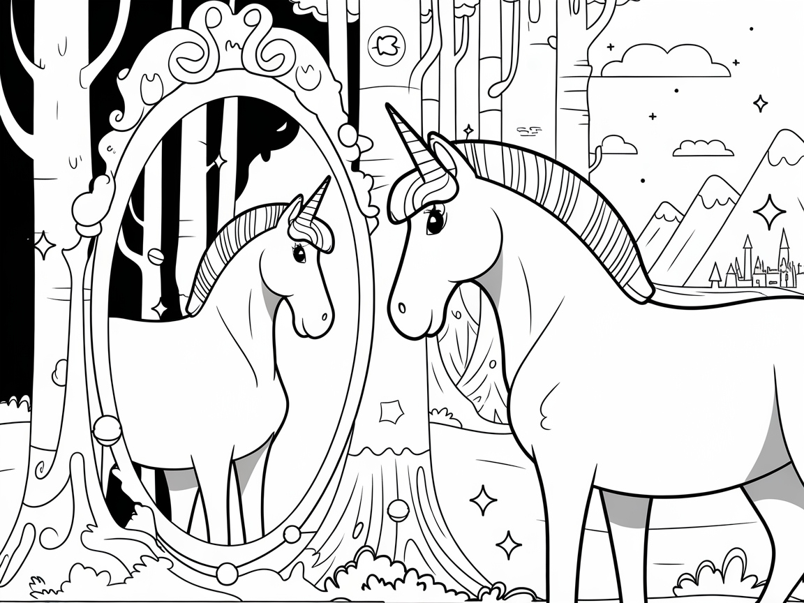 Graceful Unicorn Admiring Its Reflection