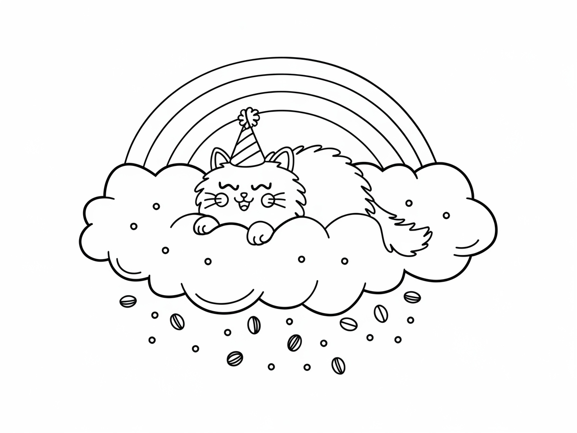 Celebrate with a Party Cat on a Rainbow Cloud