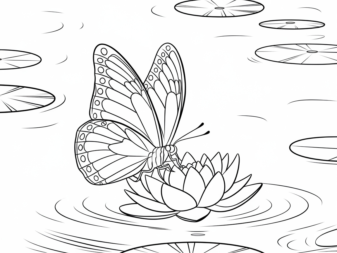 Butterfly on a Serene Water Lily Pond