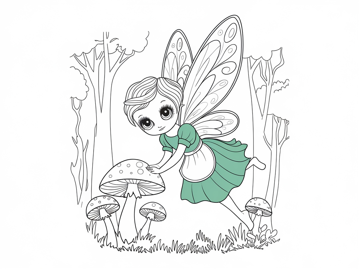 Whimsical Big-Eyed Fairy Amongst the Mushrooms