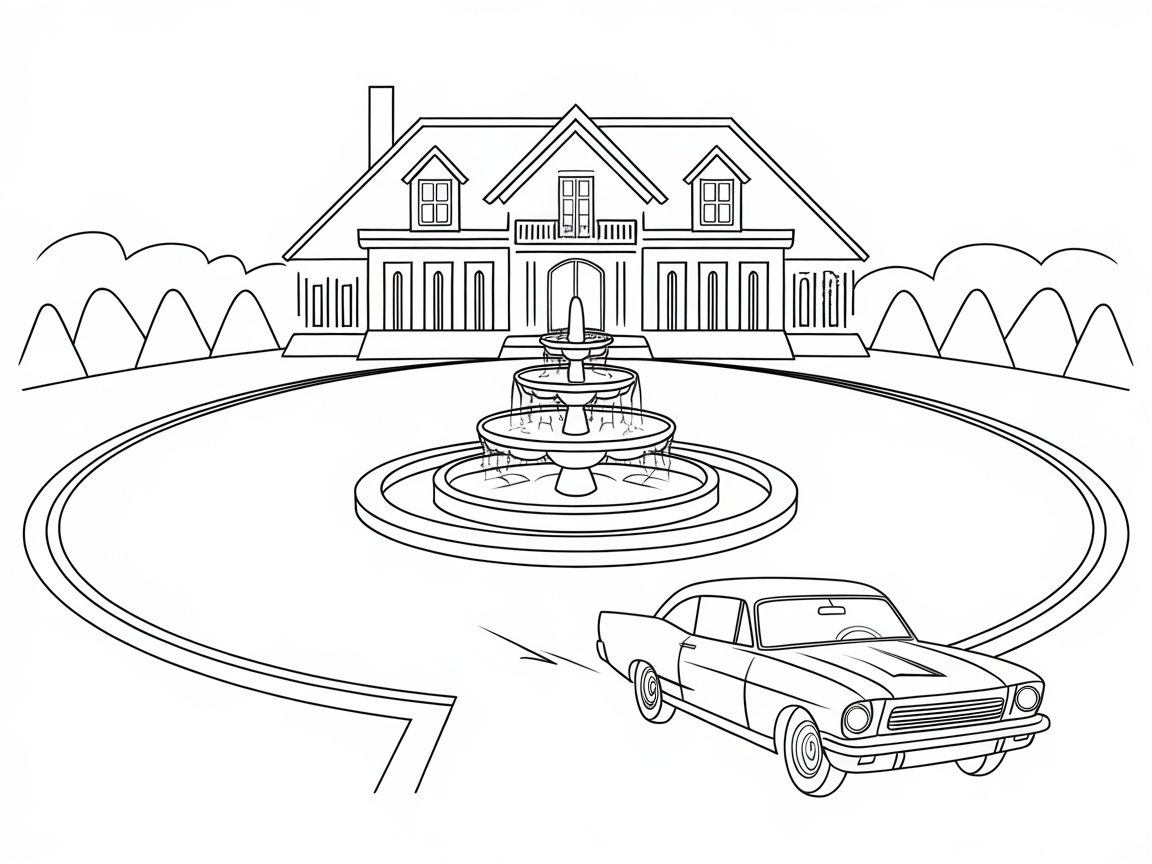 Cruise Into Luxury: Fountain Driveway Mansion Coloring Page