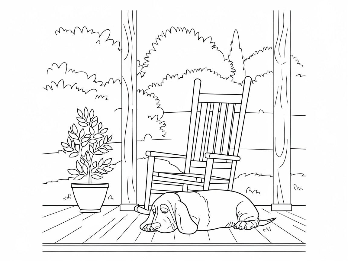 Relaxing Porch Scene with a Sleepy Basset Hound