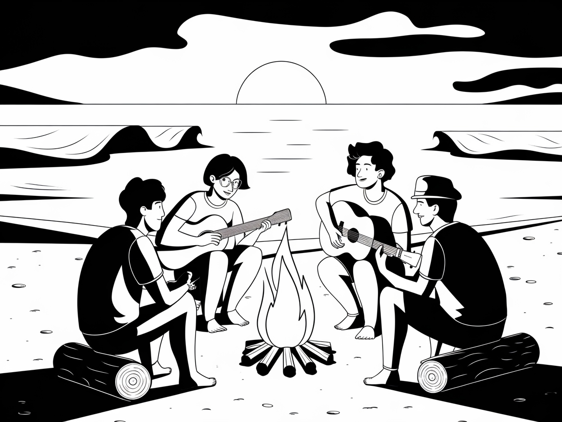 Strum Away by the Campfire on This Beachy Coloring Page