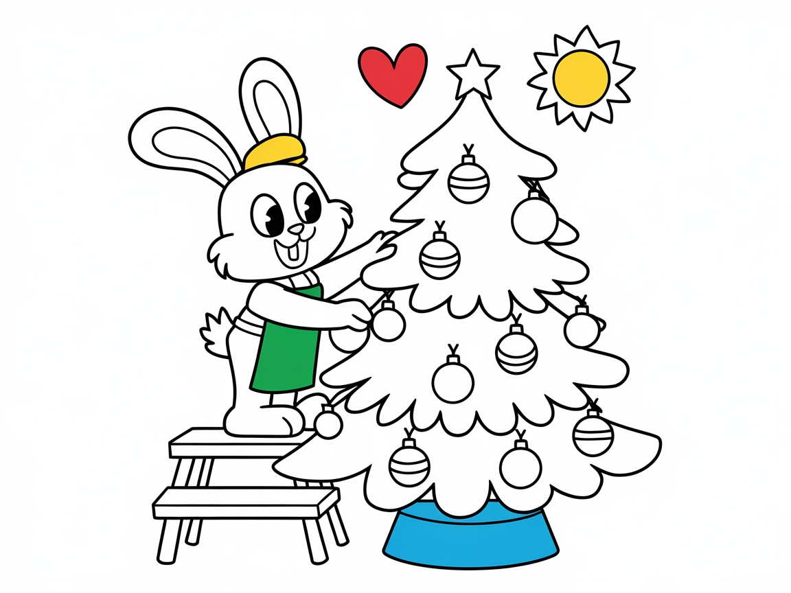 Festive Bunny Decorating a Christmas Tree