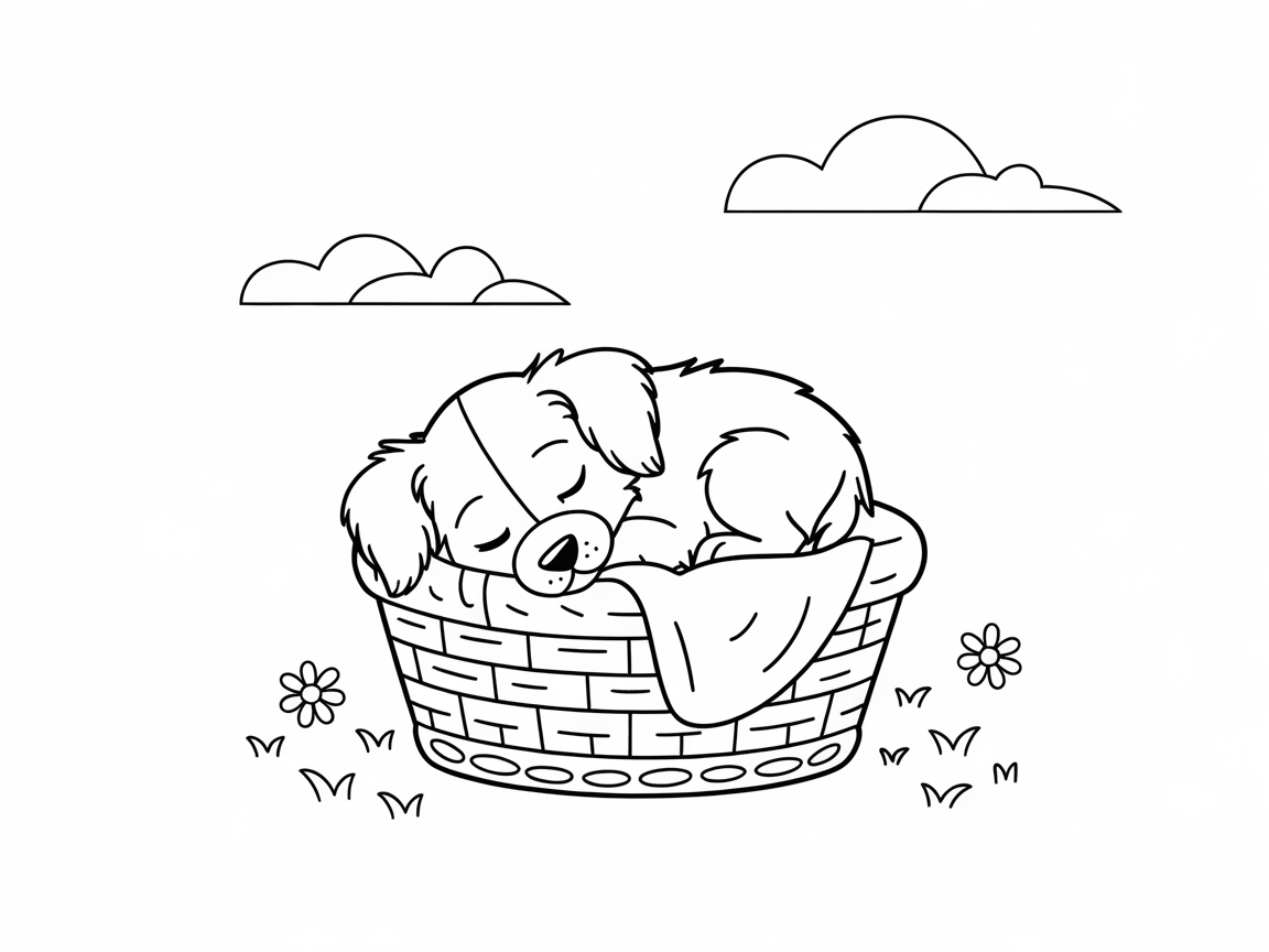 Snuggly Border Collie Pup in a Basket Dreamscape