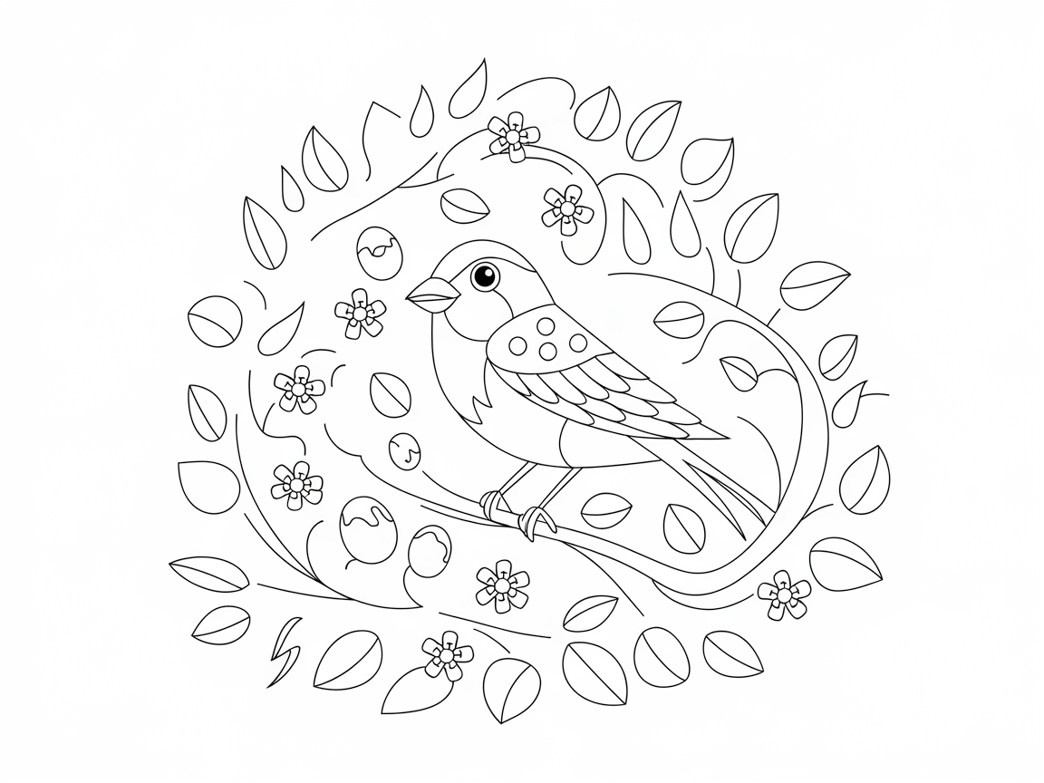 Charming Bird Among Blossoms and Leaves