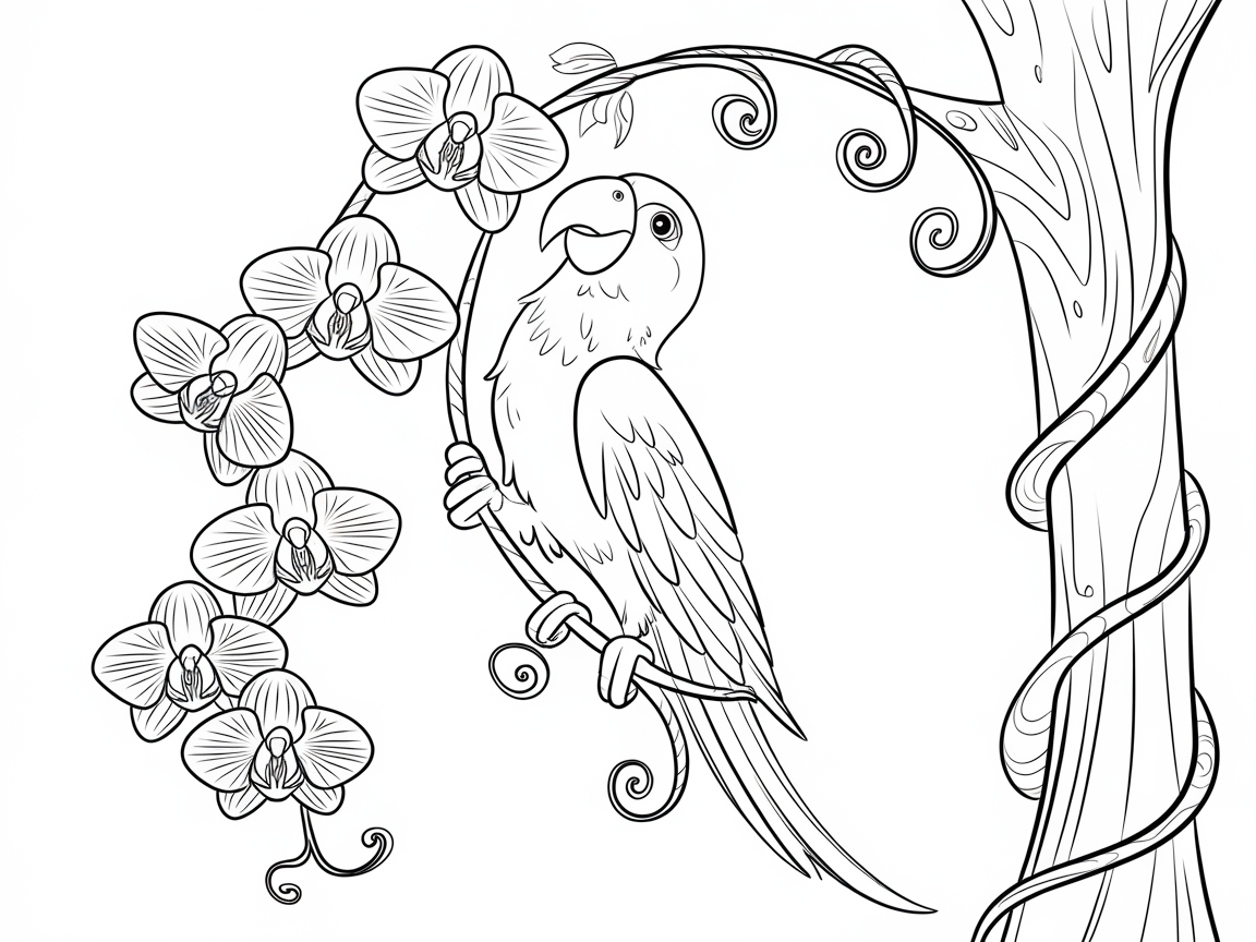 Parrot Perched with Elegant Orchids
