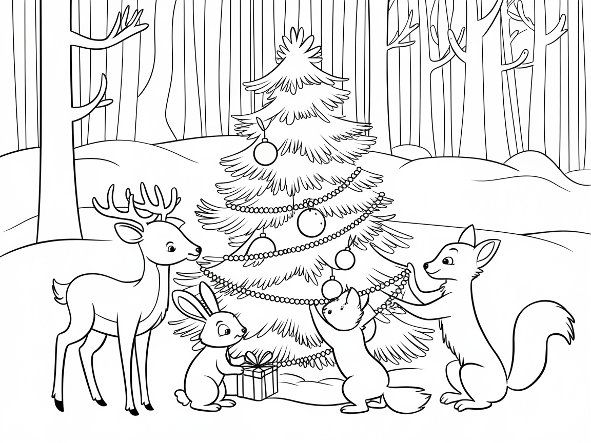 Woodland Creatures Decorating a Christmas Tree