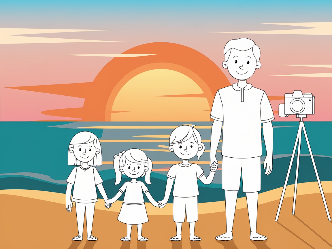 Capture Memories with This Family Beach Sunset Coloring Page