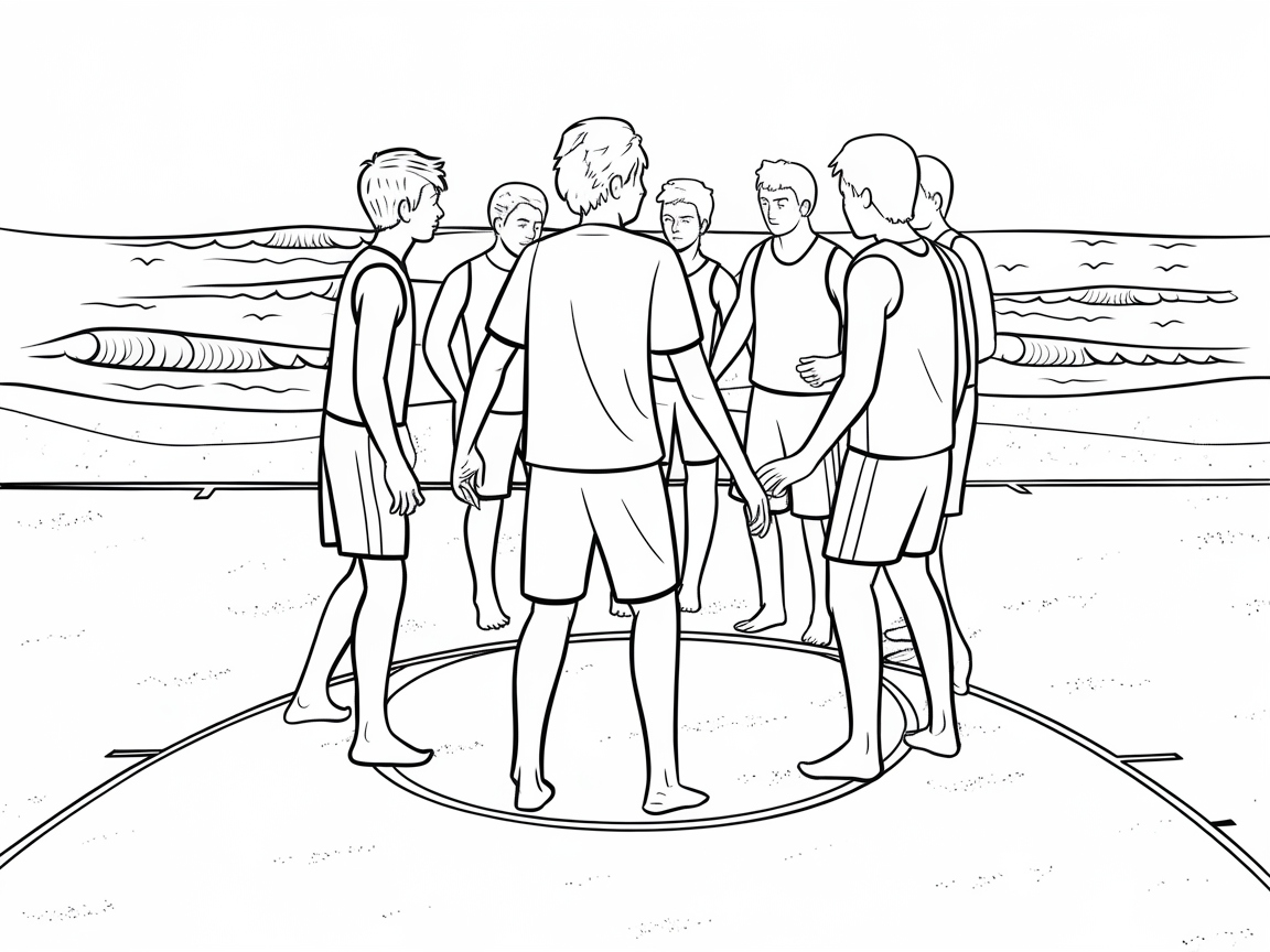 Join a Beachside Team Huddle in This Coloring Page