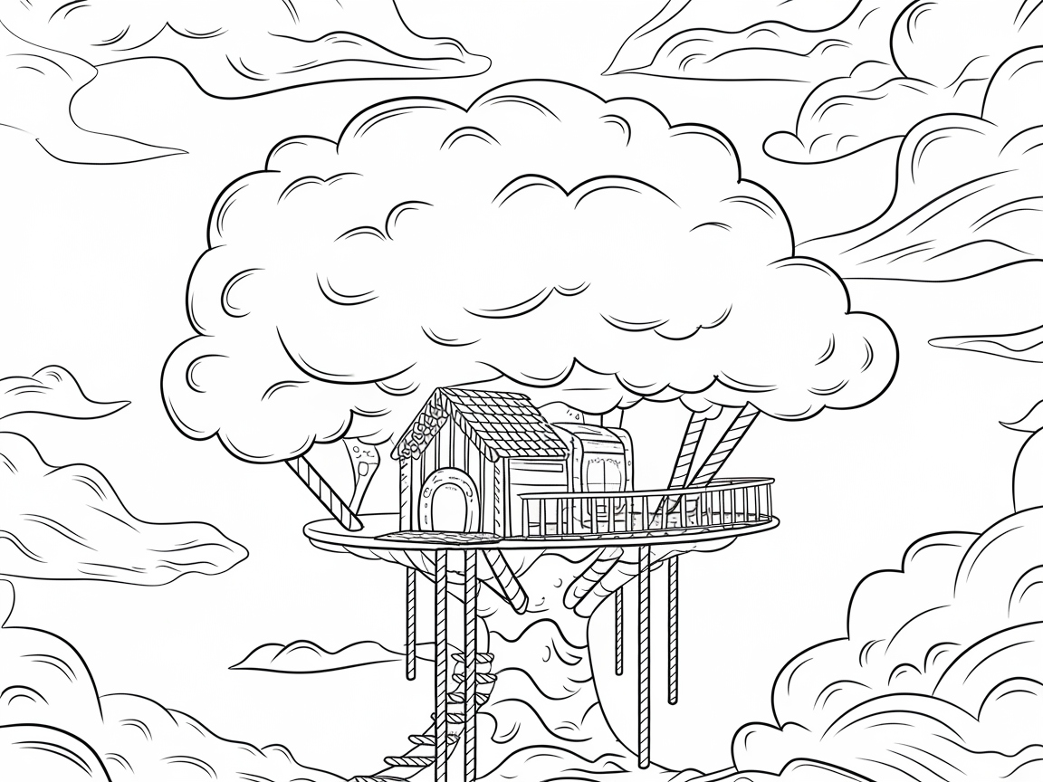 Dreamy Candy Cloud House Coloring Page