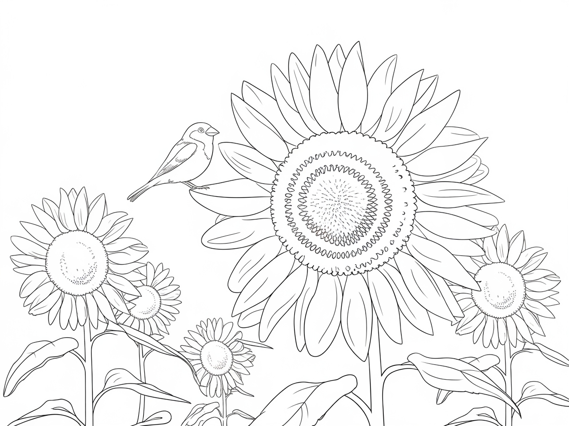 Sunny Sunflower with Cheerful Bird