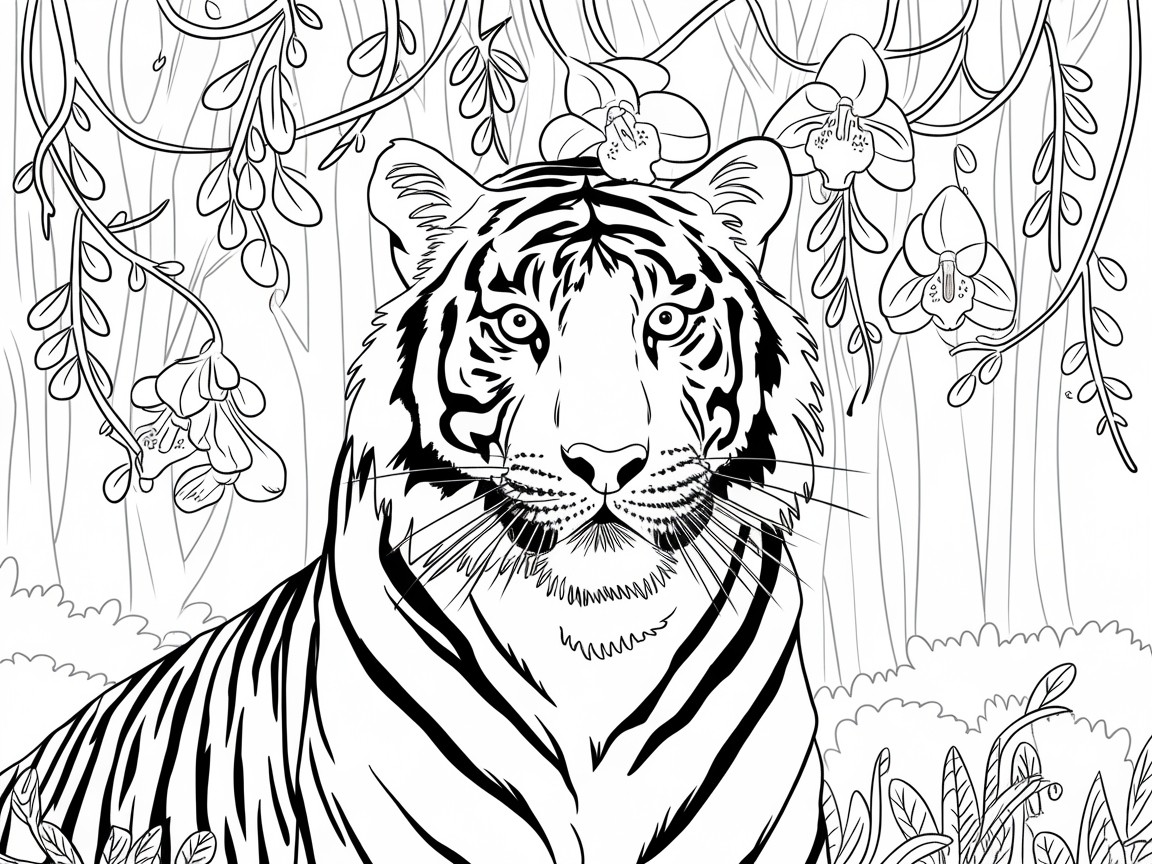 Graceful Bengal Tiger Amidst Orchid Blooms