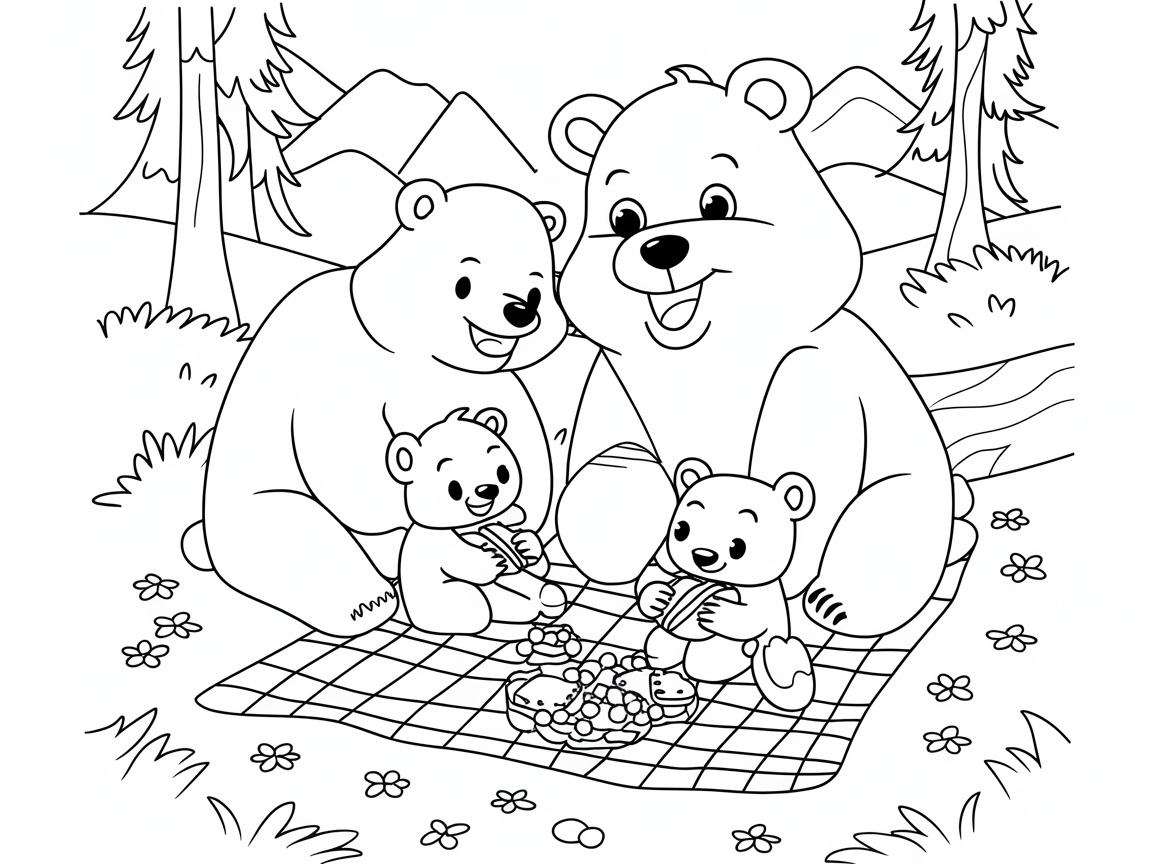 Family Bear Picnic Coloring Fun