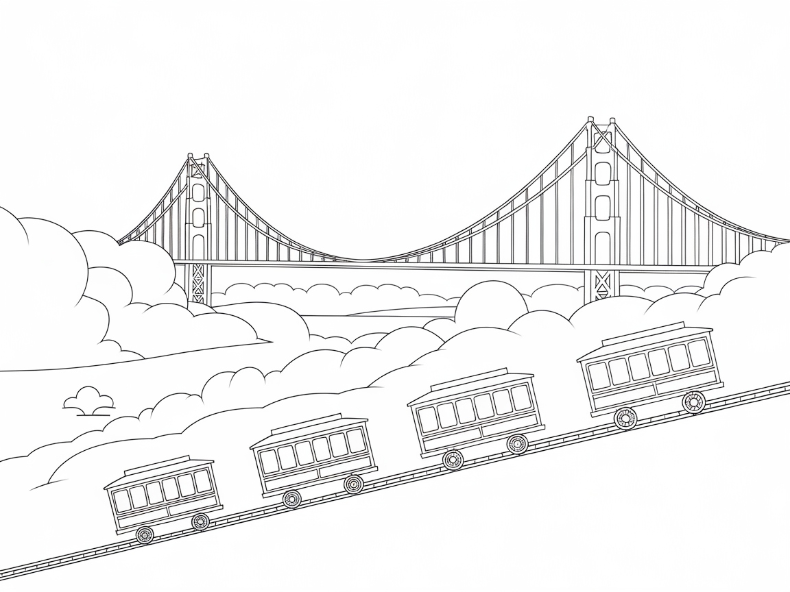 Color the Iconic San Francisco Cable Cars and Bridge